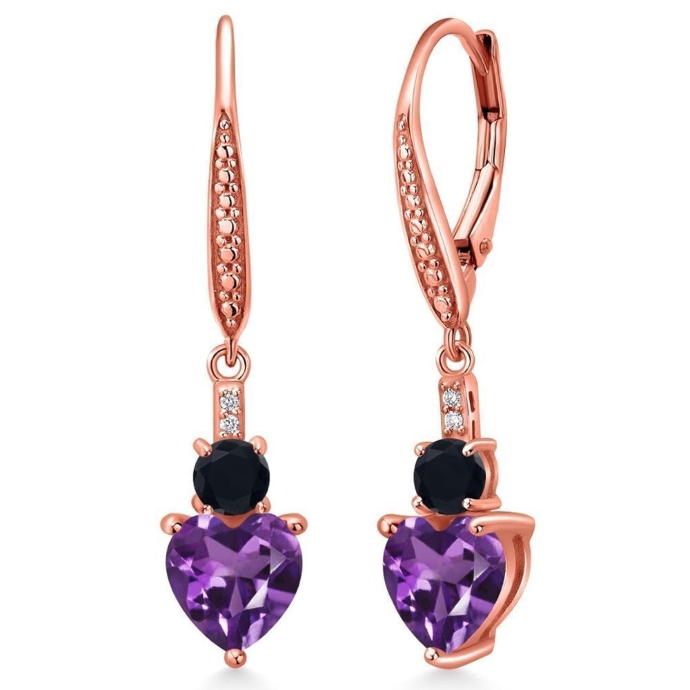 18K Rose Gold with 2.27 Cttw Amethyst and Black Onyx Heart Drop Earrings